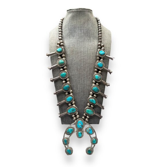 Native American Old Pawn Squash Blossom Necklace 26" Sterling Silver & Turquoise - Picture 1 of 16